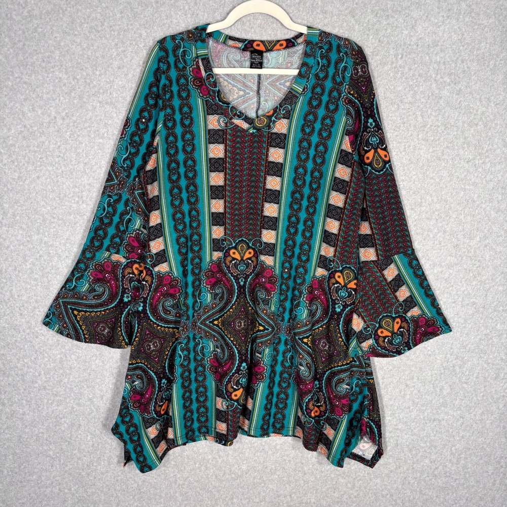 WinWin Boho Tunic Dress L XL Teal Paisley Bell Flare Artsy Peasant Medallion
